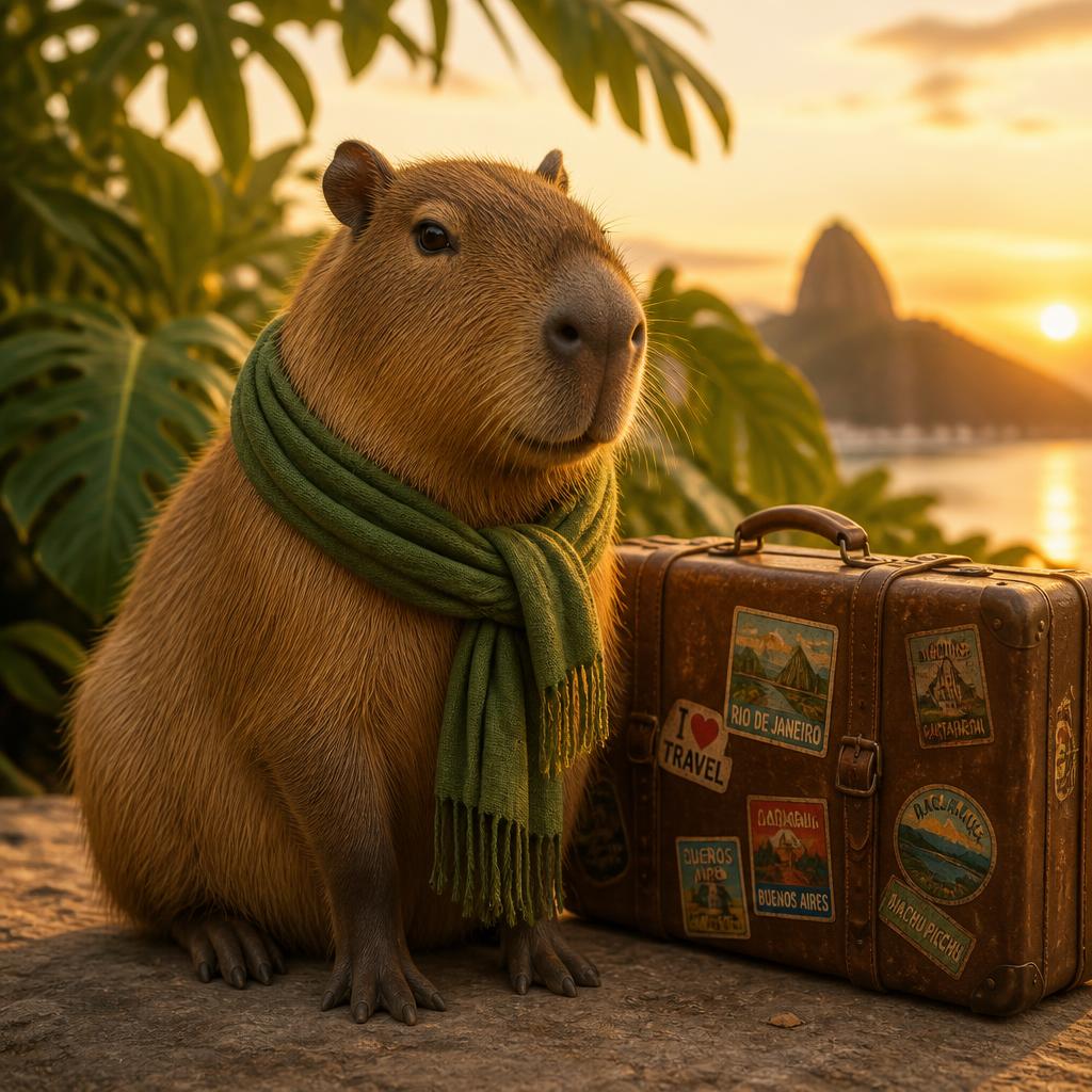 Capivara mascote ao pôr do sol